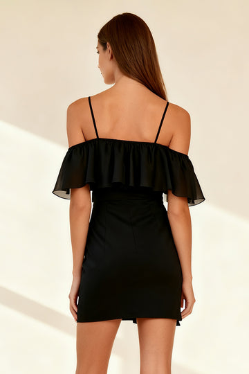 Chiffon Tight Cold Shoulder Little Black Dress with Ruffles